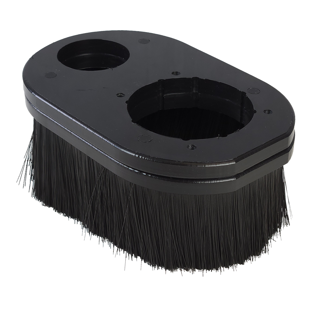 Black dust boot with dense bristles and dual openings designed for use with CNC machines and home improvement tools