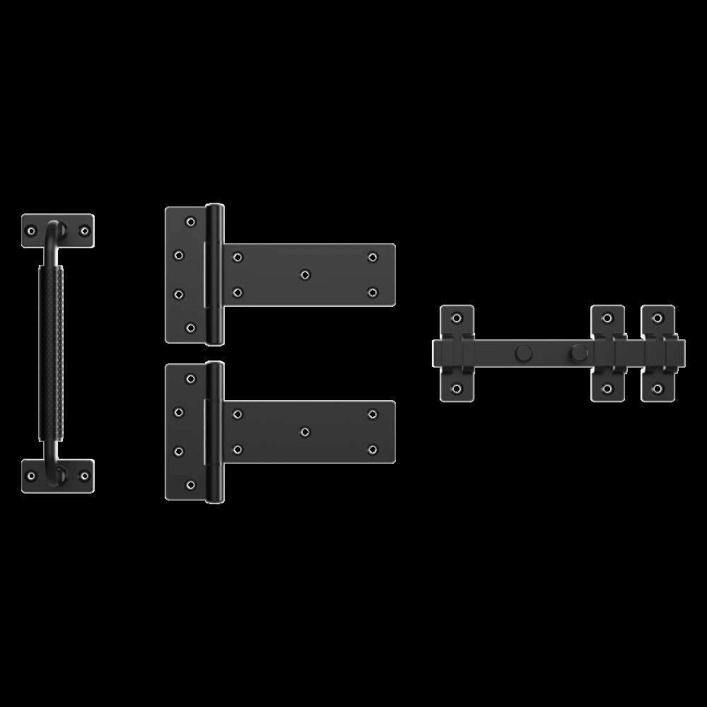 Set of four black industrial gate hardware pieces including handle, two hinges, and a latch for gate accessories under $100 collection