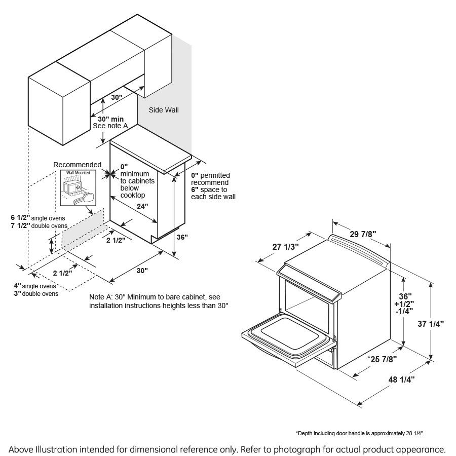 Technical diagram showing installation dimensions for a 30-inch slide-in induction and convection range in kitchen cabinetry.