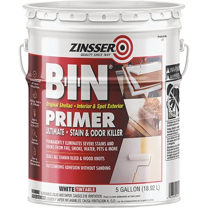 White shellac primer in 5-gallon container for interior use, part of home improvement paint supplies collection.