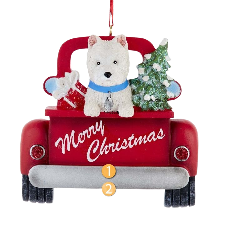 Red truck Christmas ornament with West Highland Terrier, gift box, and decorated tree for holiday decor collection