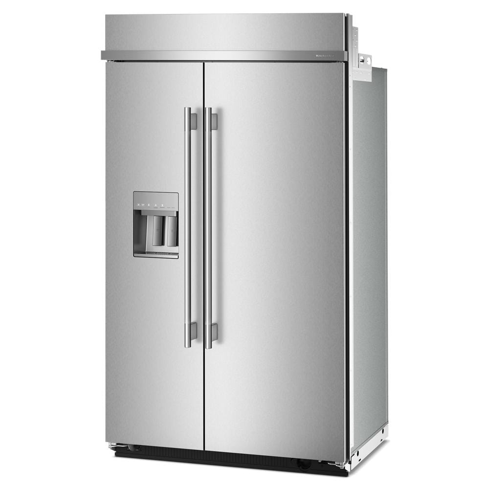 Built-in stainless steel side-by-side refrigerator with exterior water and ice dispenser from KitchenAid Appliances collection