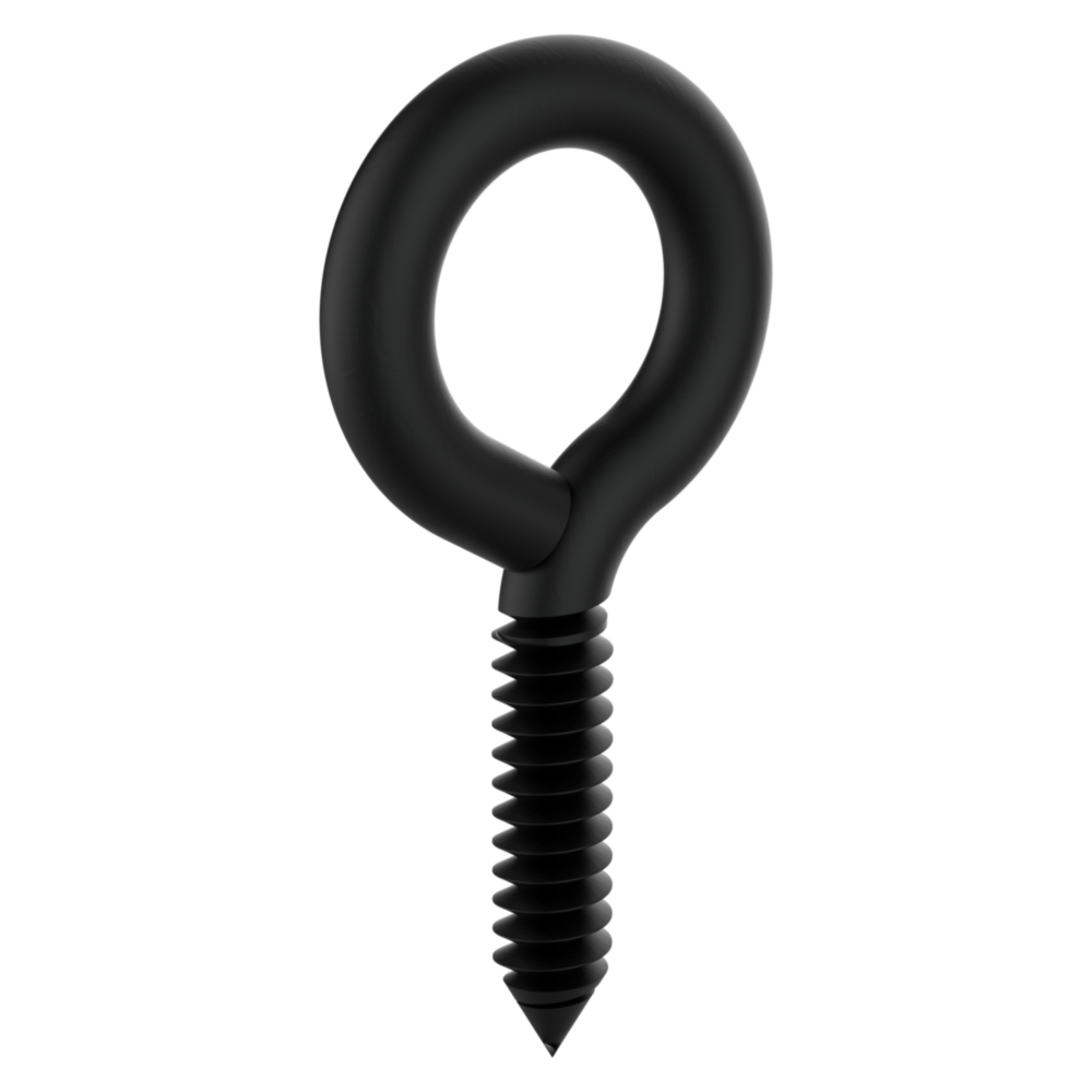 Black finished screw eye with threaded shaft for secure fastening in hardware, hooks & eyes, and fasteners collections