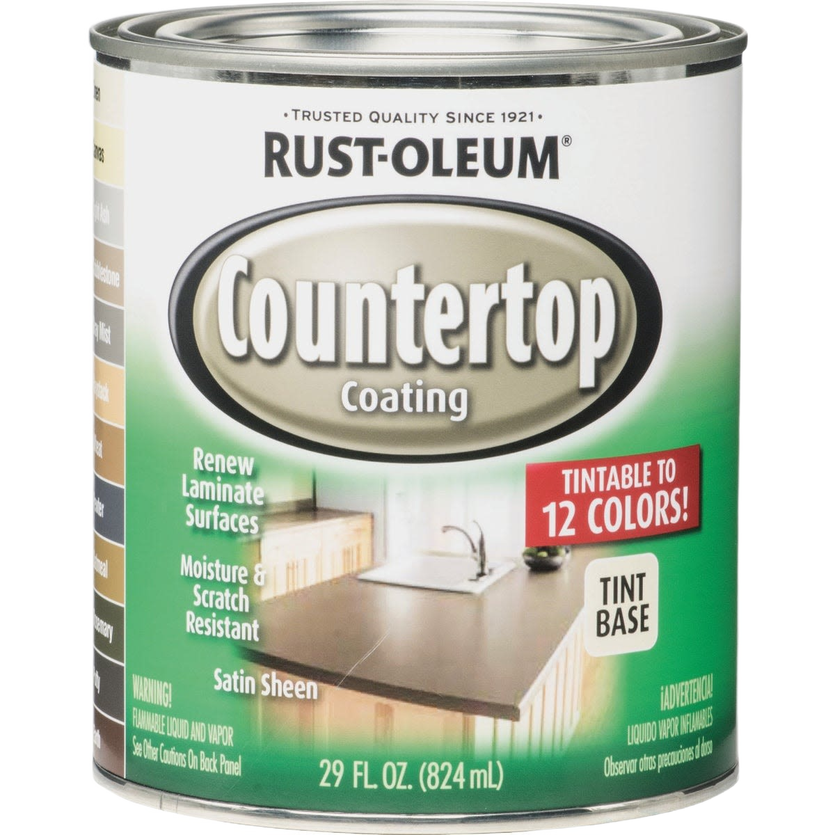 Quart-sized container of dark tint base for countertop coating with satin sheen in specialty paint collections