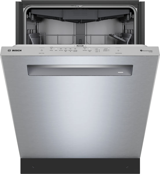 Open stainless steel dishwasher with control panel visible and empty racks in Bosch kitchen appliance collection