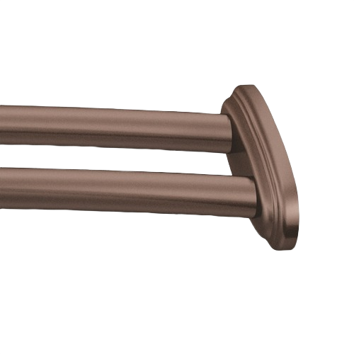 Close-up of double curved bronze bathroom shower rod hardware for shower curtain support and towel hanging