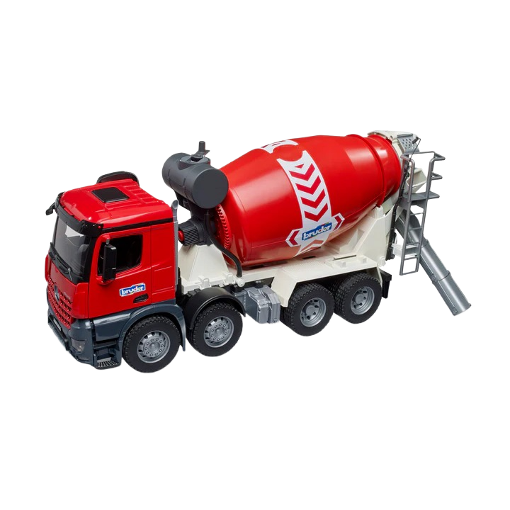 Red and white Bruder Arocs Cement Mixer toy truck with detailed drum and ladder for construction play