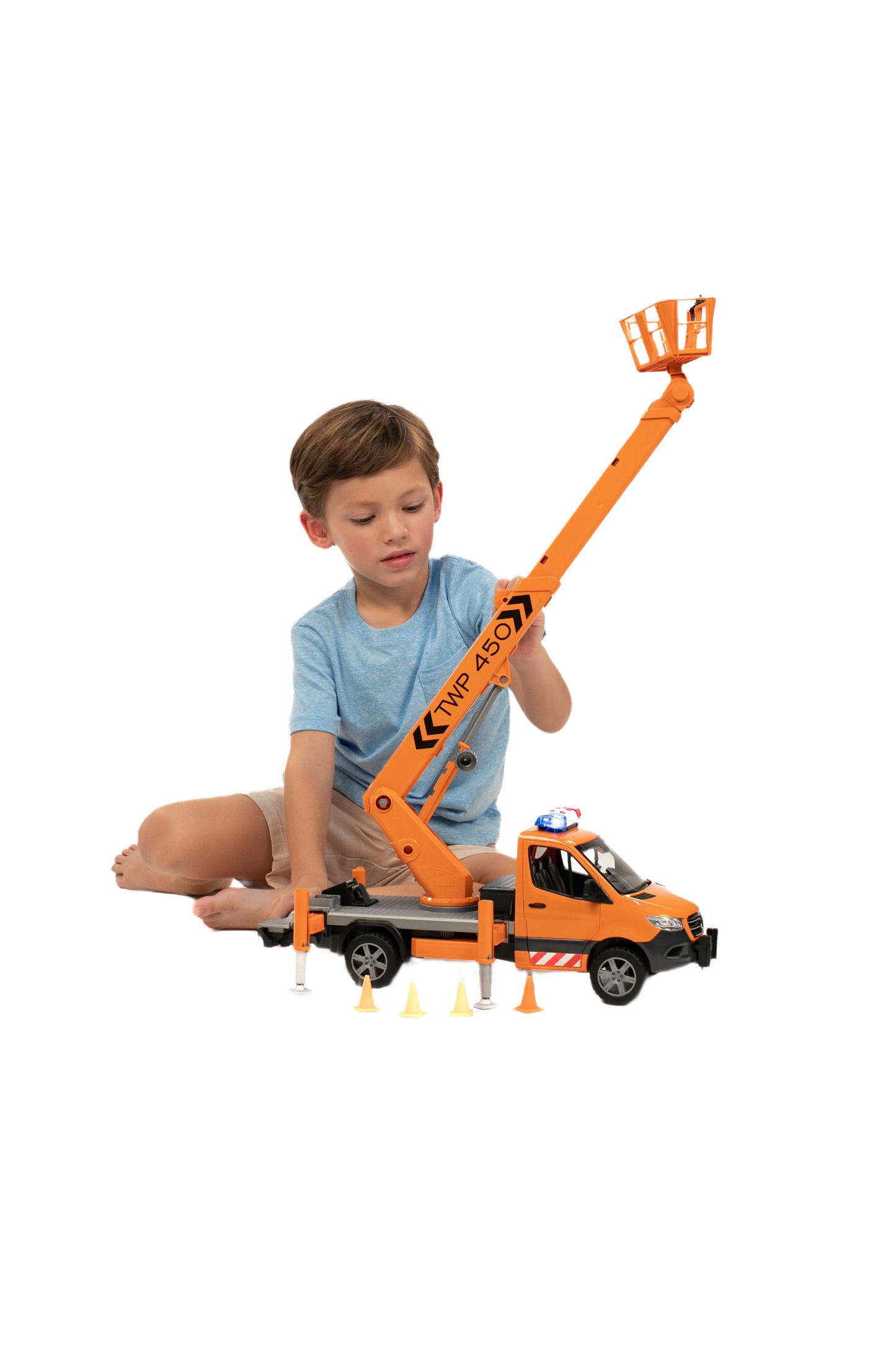 Child playing with orange Bruder MB Sprinter toy featuring extendable working platform and safety cones for home improvement play