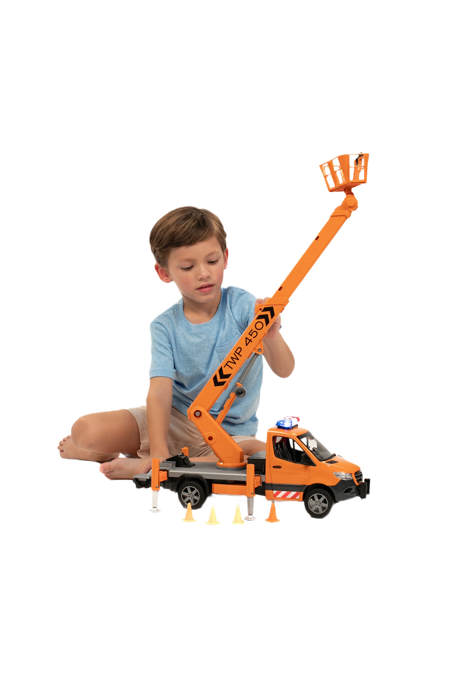 Child playing with orange Bruder MB Sprinter toy featuring extendable working platform and safety cones for home improvement play