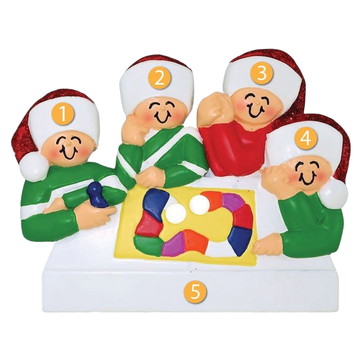 Four cheerful figures wearing Santa hats playing a colorful board game holiday ornament under $50 collection
