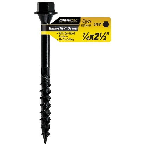Black structural wood screw with hex head and TimberTite branding for heavy-duty fastening in hardware and lumber collections