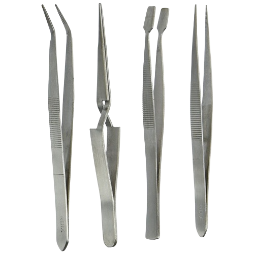 Set of four precision metal tweezers including angled, flat, and pointed tips, designed for detailed handling in hardware and home improvement projects.