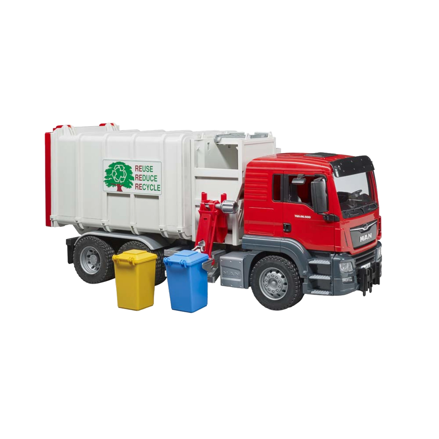 Red and white side loading garbage truck toy with yellow and blue recycling bins from Bruder Toys collection