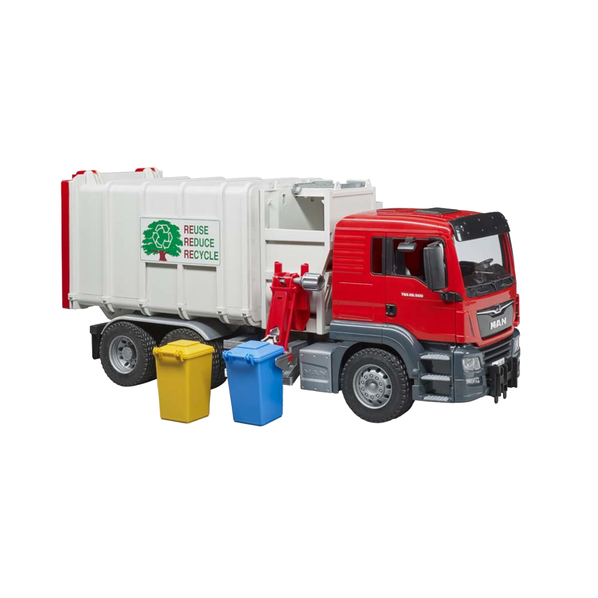 Red and white side loading garbage truck toy with yellow and blue recycling bins from Bruder Toys collection