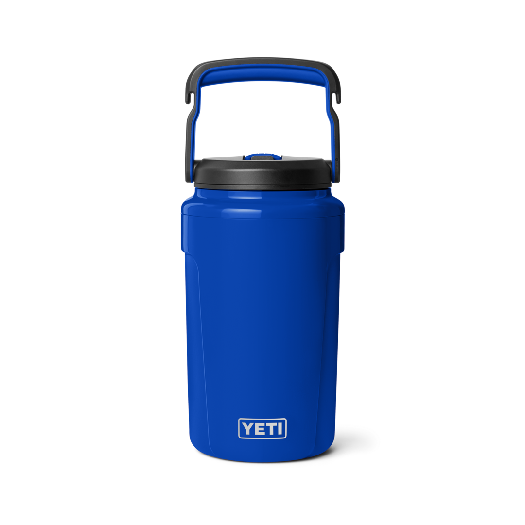 Blue half-gallon insulated jug with black straw cap and wide handle, designed for outdoor hydration, from Drinkware and Kitchen collections at Hartville Hardware