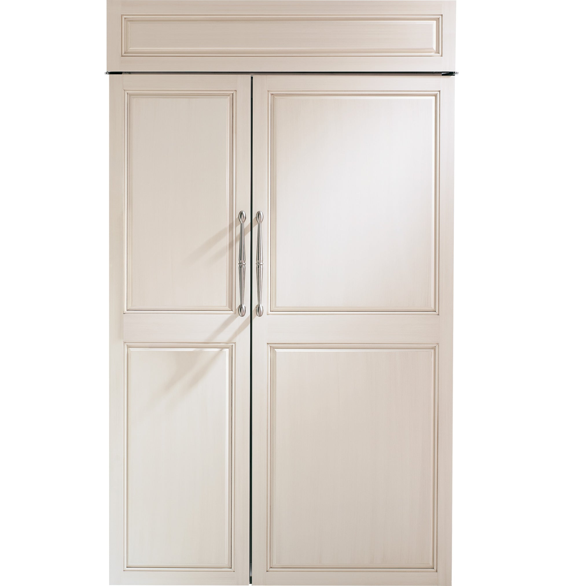 Built-in side-by-side refrigerator with panel-ready doors blending seamlessly with custom kitchen cabinetry collection