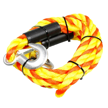 Heavy-duty yellow and orange twisted tow rope with metal hook for home improvement and towing tasks