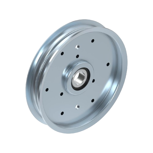 Metal idler wheel with bearing and perforated center plate for equipment repair in tools and home improvement tasks