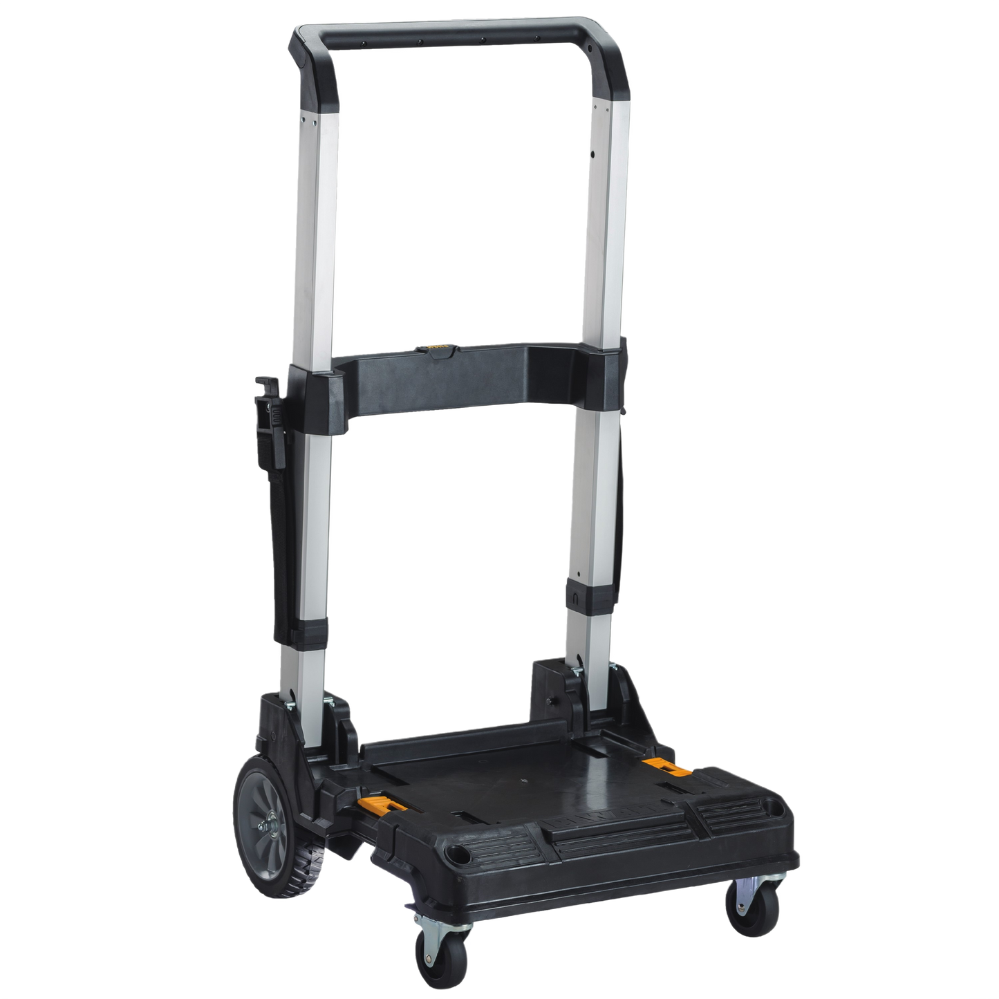 Compact black and silver rolling trolley with sturdy handle and dual large wheels for tool transport and home improvement tasks