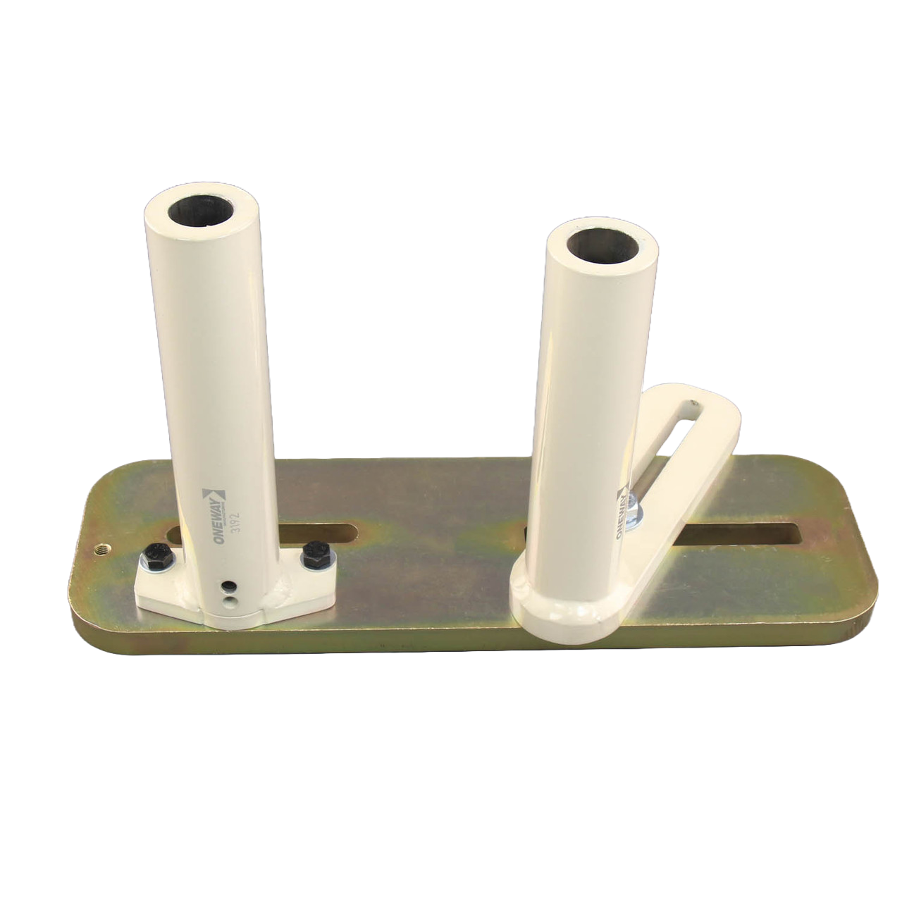 Metal base plate with two cream-colored vertical cylindrical holders for woodworking coring system tools