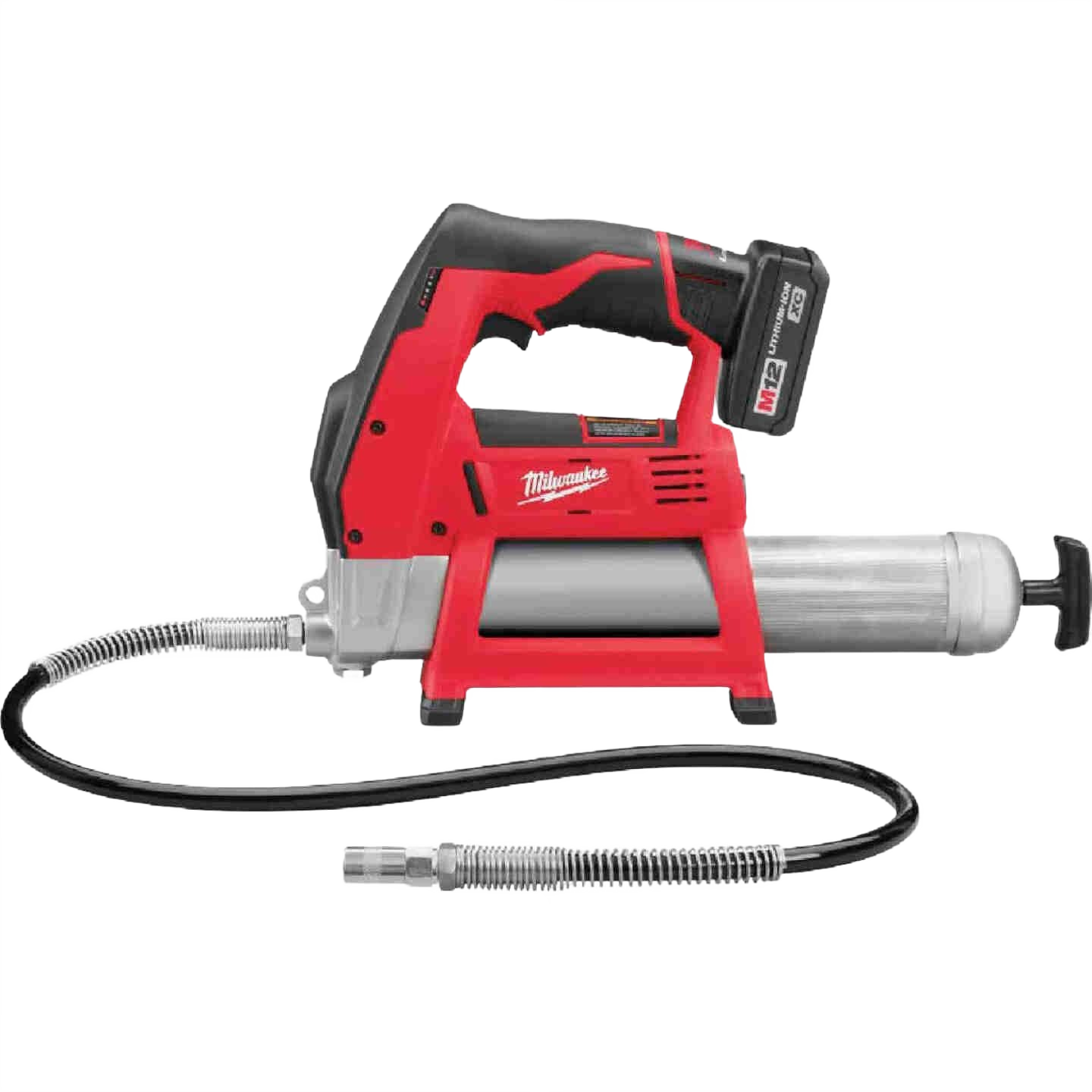 Cordless red and black grease gun with flexible hose designed for lubrication in tools and home improvement tasks