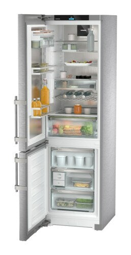 Open freestanding stainless steel refrigerator and bottom freezer with organized shelves and clear storage bins in Appliances and Kitchen & Kitchenware collections