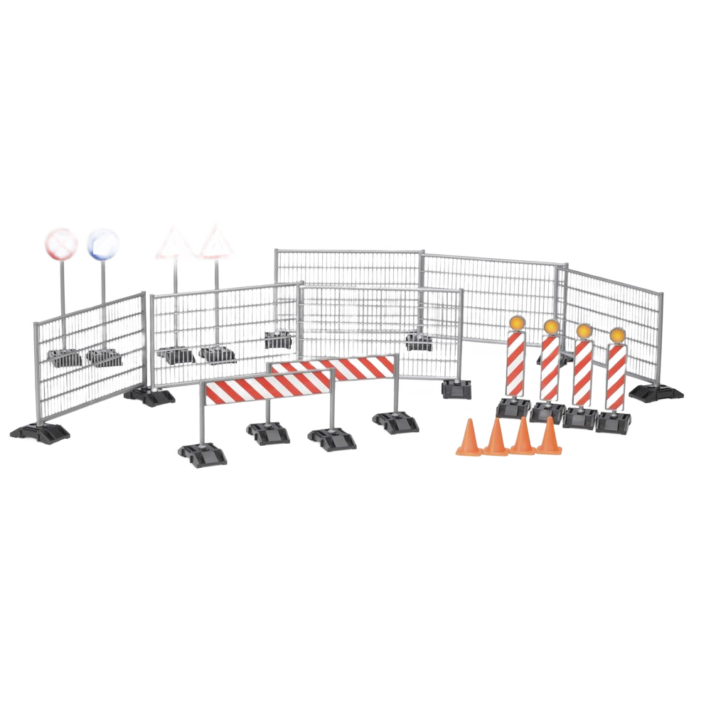 Plastic construction railings with site warning signs, striped barricades, pylons, and road cones for home improvement.