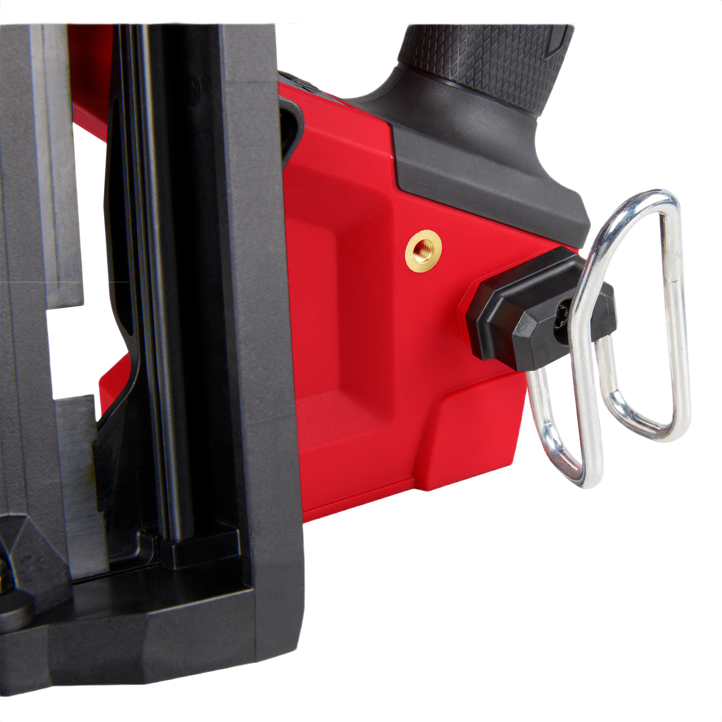 Close-up of red and black Milwaukee cordless angled finish nailer with metal belt hook for tools and home improvement tasks