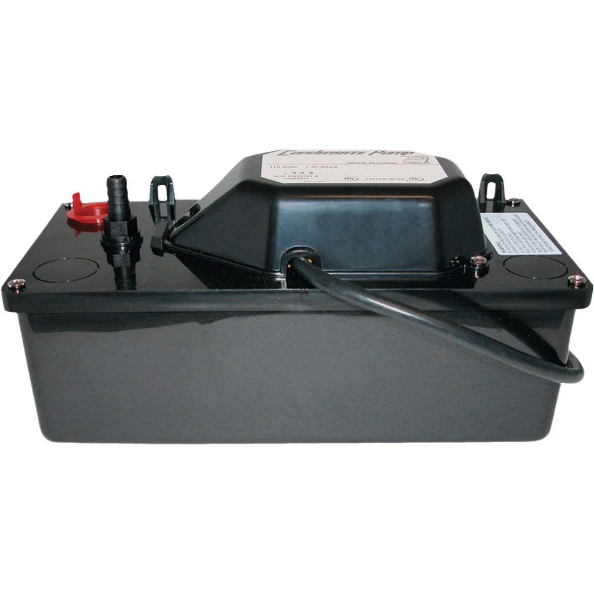 Black condensate removal pump with electrical cord and inlet fittings for home improvement use
