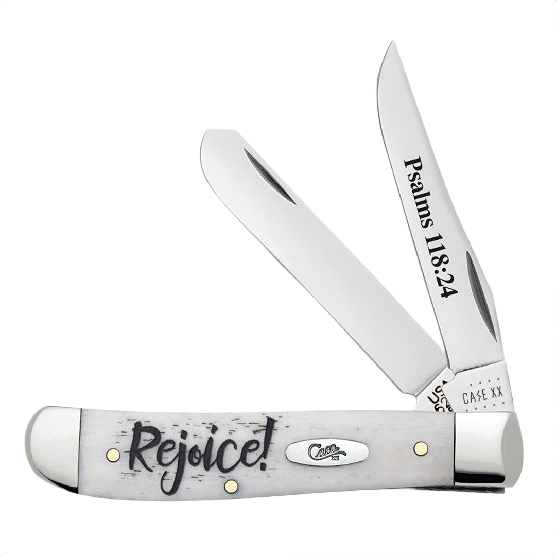 Compact dual-blade pocket knife with natural bone handle featuring engraved "Rejoice!" and Psalms 118:24 in cutting tools collection