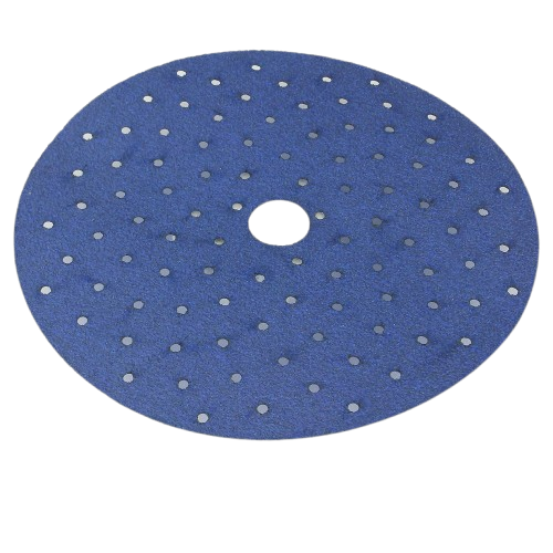 Blue 5-inch abrasive sanding disc with multiple dust-extraction holes for power tool accessories in home improvement tools.