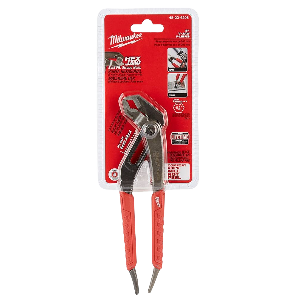 Set of 8-inch hex-jaw pliers with red comfort grips designed for durability in tools and home improvement tasks