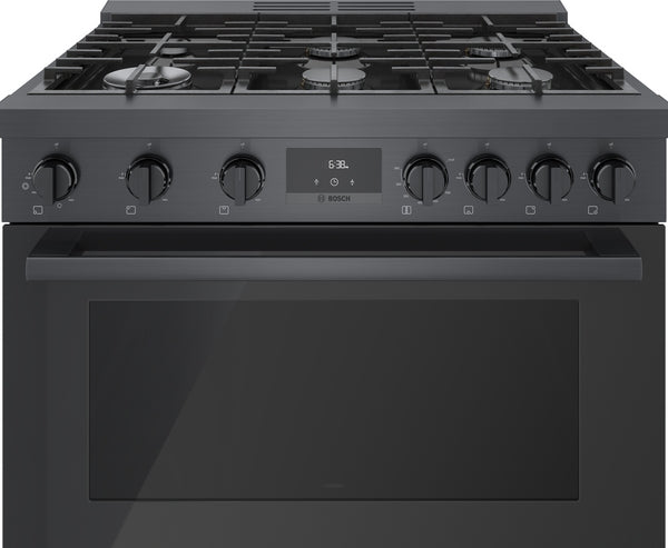 Black stainless steel 36-inch gas freestanding range with six burners and digital control panel from Bosch collection