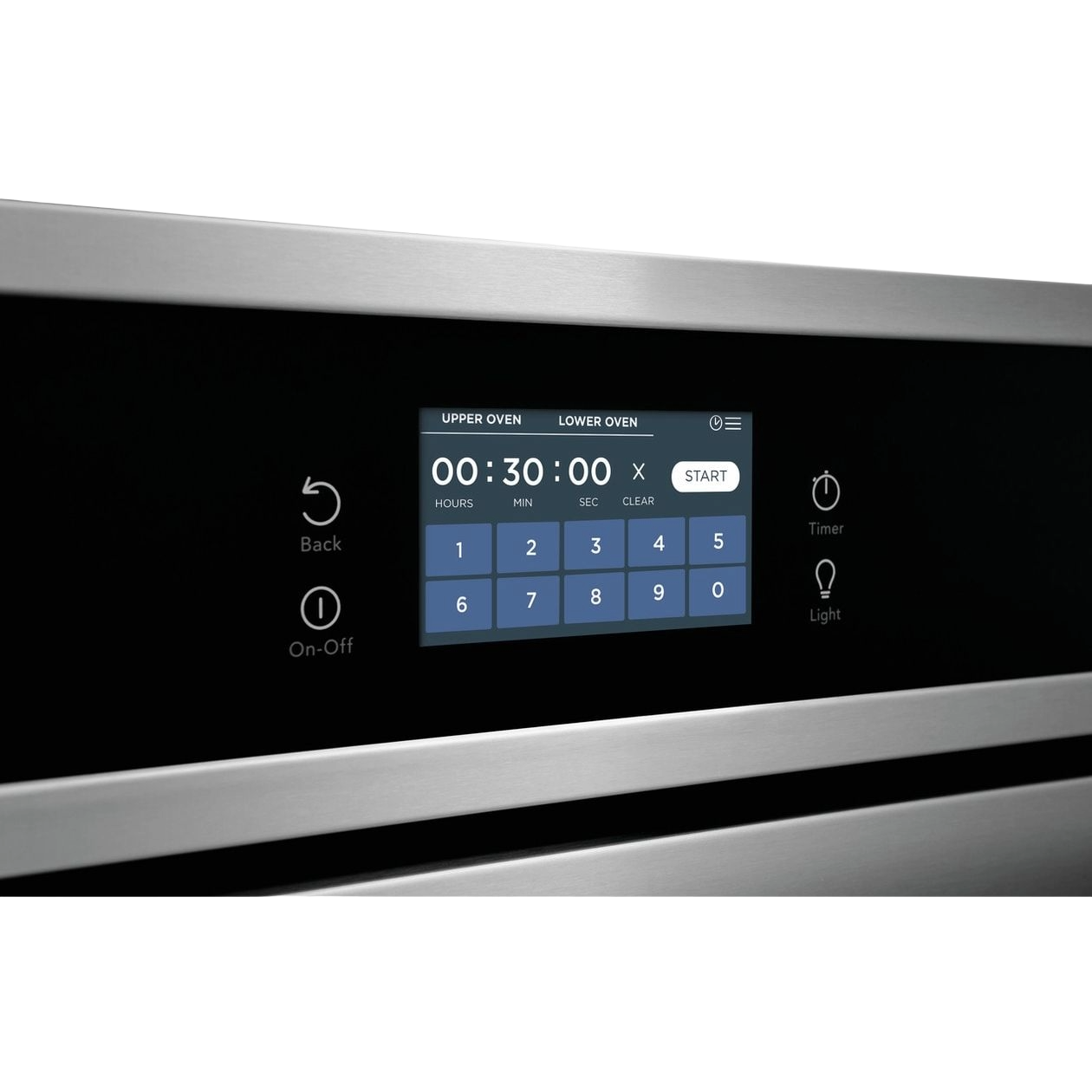 Digital control panel of a stainless steel double electric wall oven with timer and light buttons in kitchen appliances collection