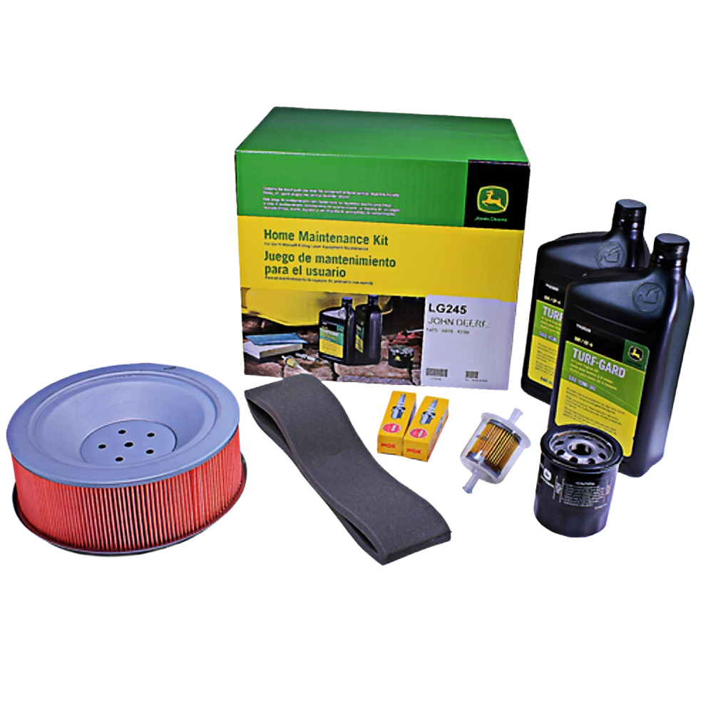 Home maintenance kit with air filter, fuel filters, belts, oil filter, and oil containers for outdoor equipment upkeep