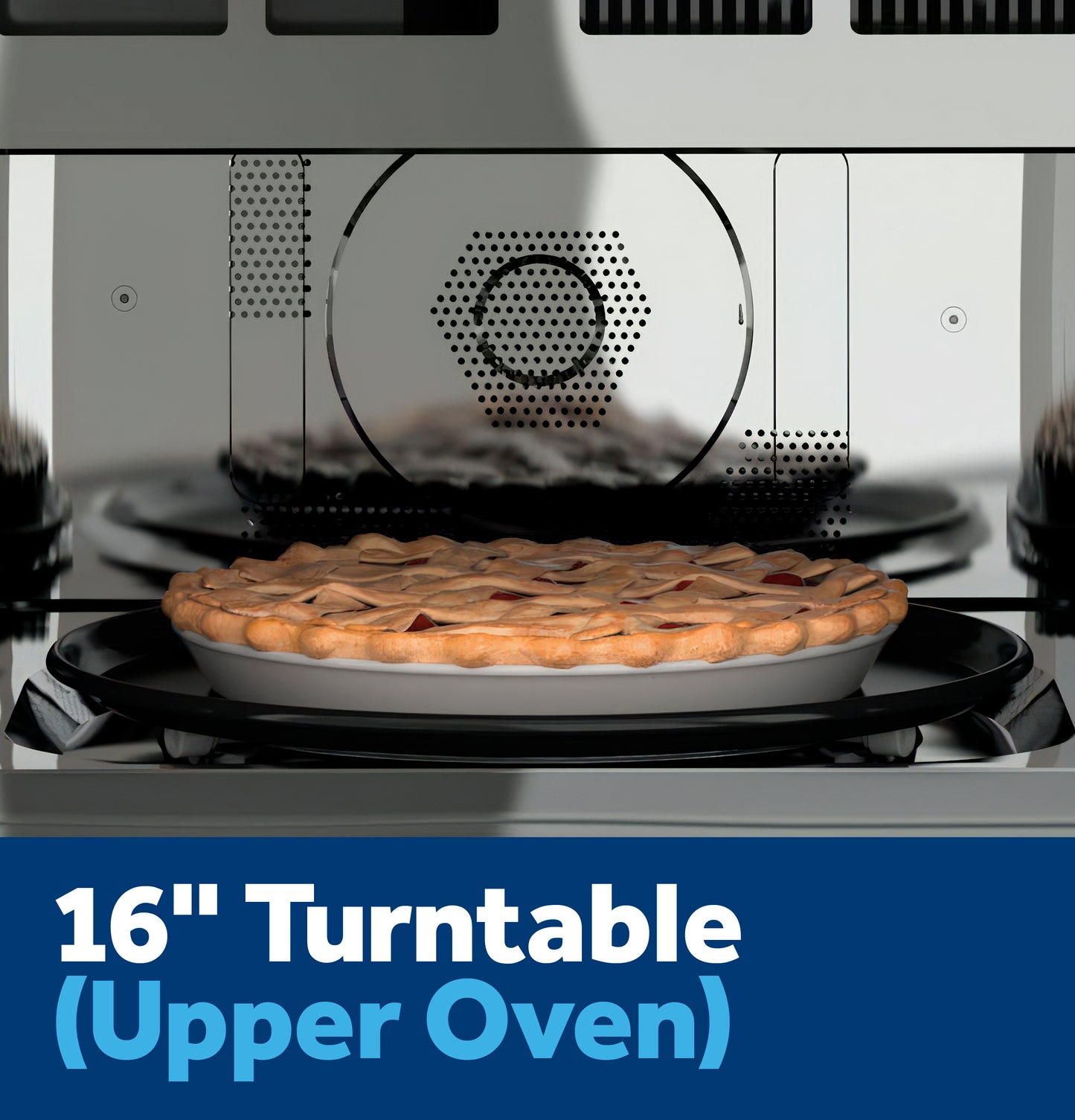 Close-up of pie baking on 16-inch turntable inside microwave combo wall oven from Kitchen & Kitchenware appliances