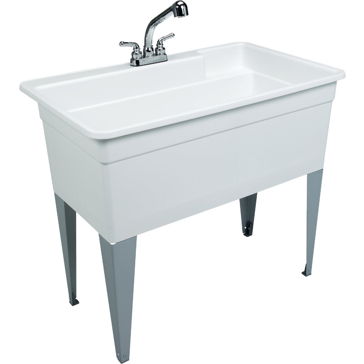 White utility sink with chrome faucet and silver metal legs for laundry and home improvement tasks