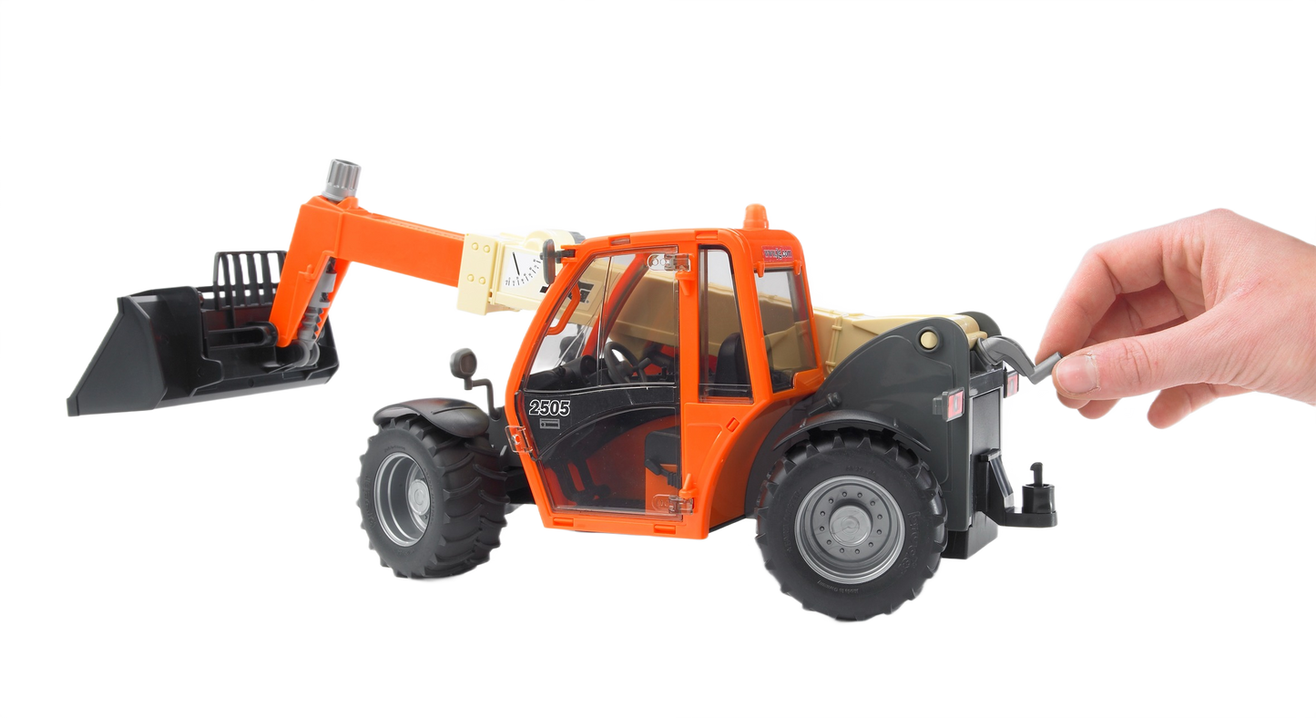 Hand adjusting the detailed orange Bruder JLG 2505 Telehandler toy with large black bucket for home improvement play