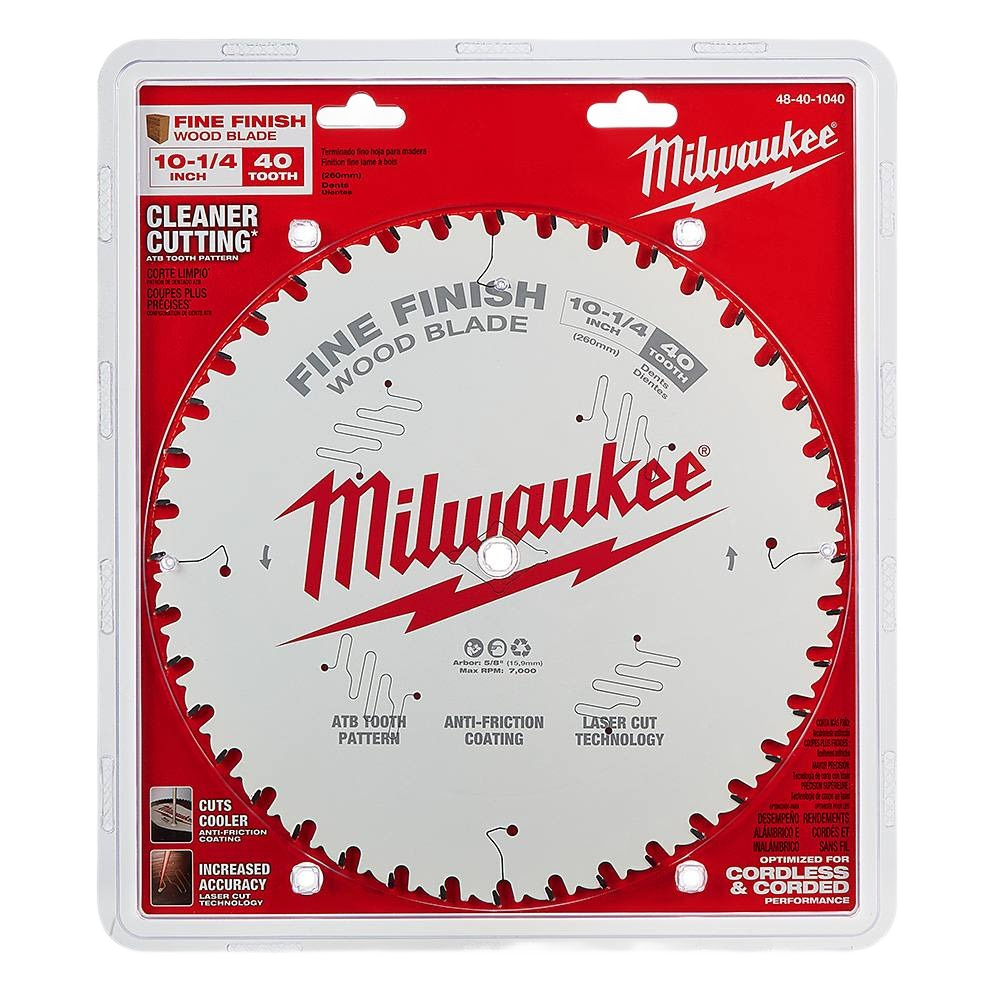 Milwaukee fine finish 10-1/4 inch wood-cutting blade with 40 teeth and anti-friction coating for woodworking tools