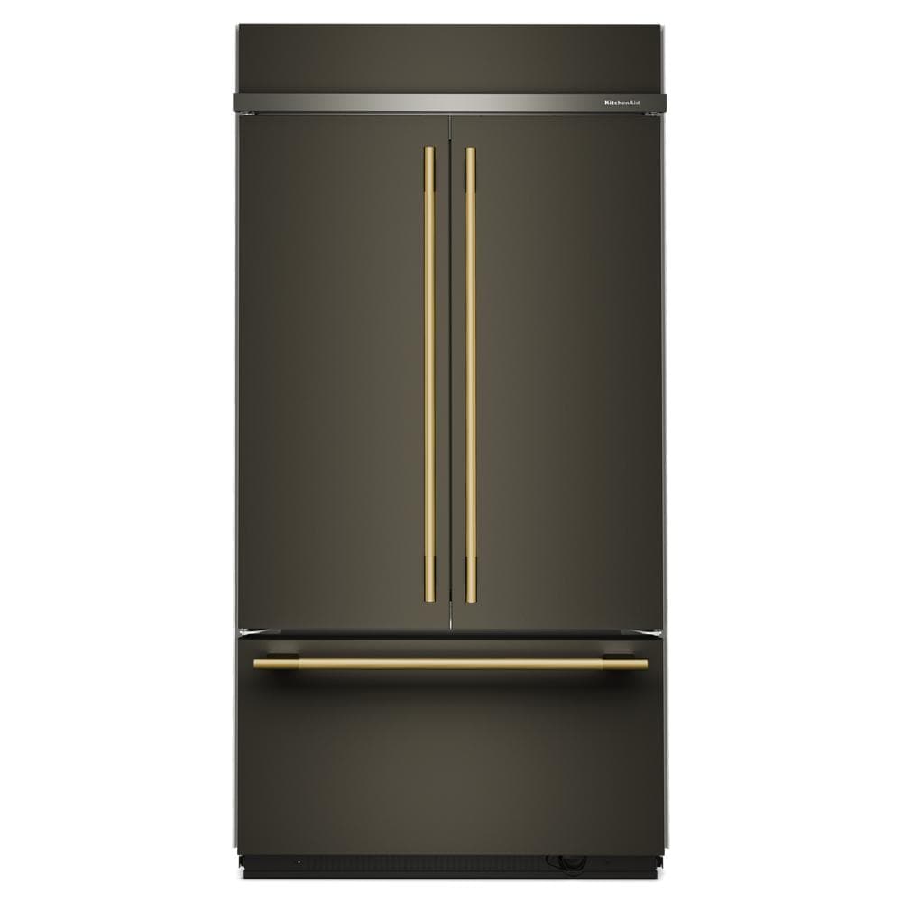 built-in French door bottom mount refrigerator in matte black with gold hardware in KitchenAid appliances collection