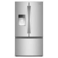 Stainless steel French door refrigerator with dual ice makers and bottom freezer in kitchen appliances collection