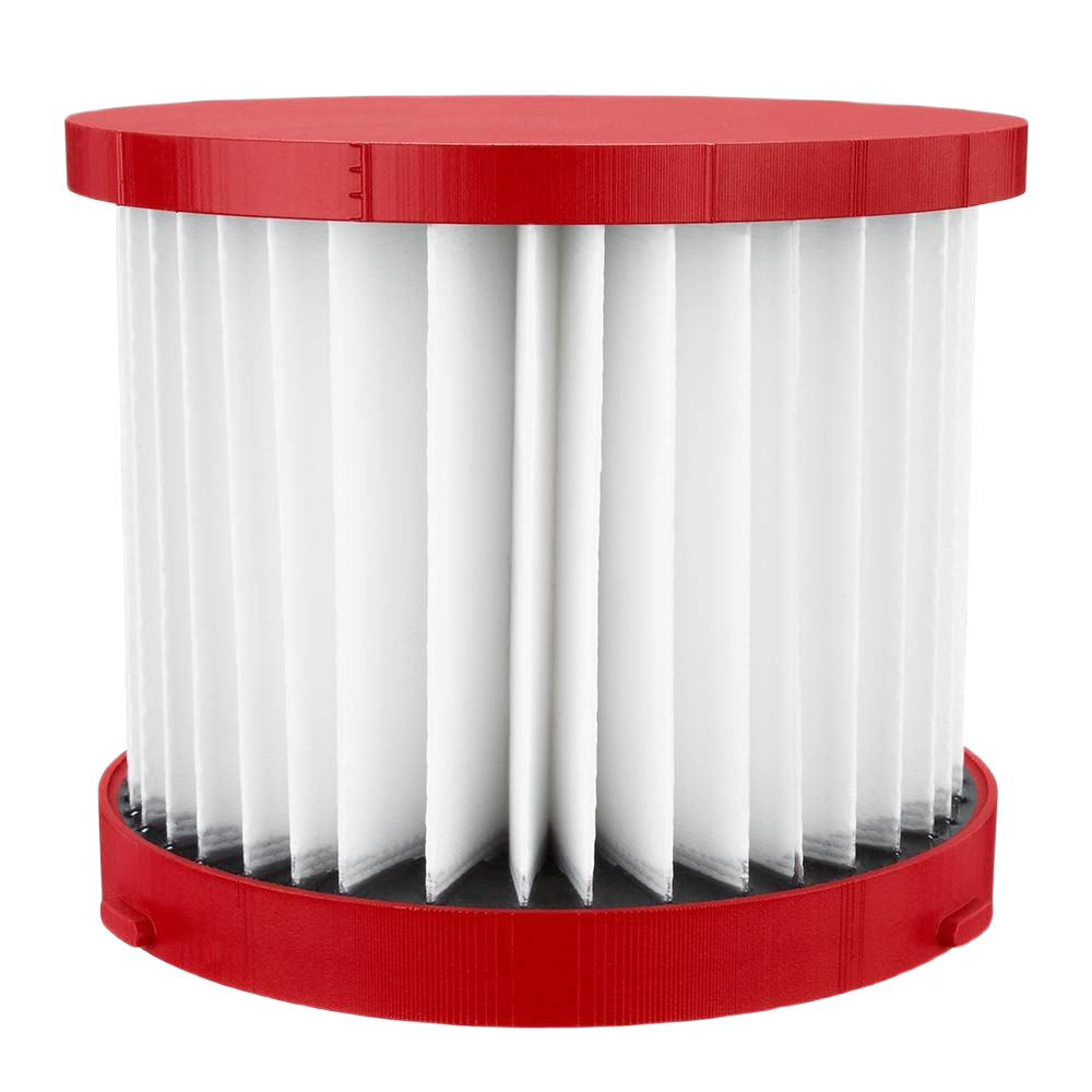 Cylindrical fine dust filter with pleated white media and red end caps for dust collection tools under $100