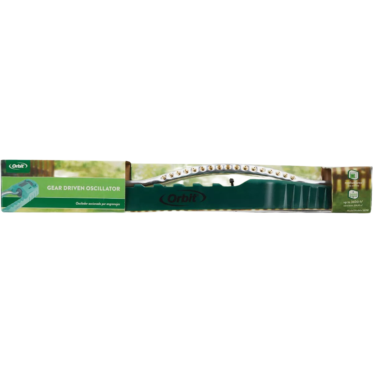 Green gear-driven oscillating sprinkler with adjustable spray for efficient lawn watering and garden care
