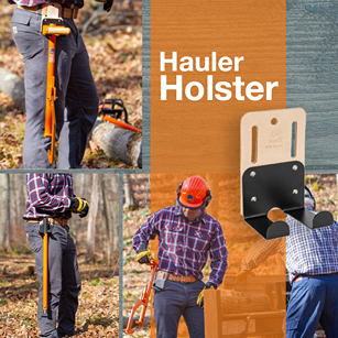 Orange and black hauler holster mounted on a wall and used outdoors for carrying log handling tools