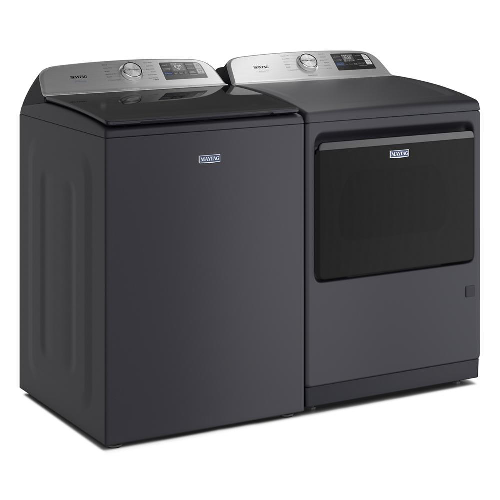 Dark gray top load washer and matching dryer with digital control panels in washers and dryers appliances collection