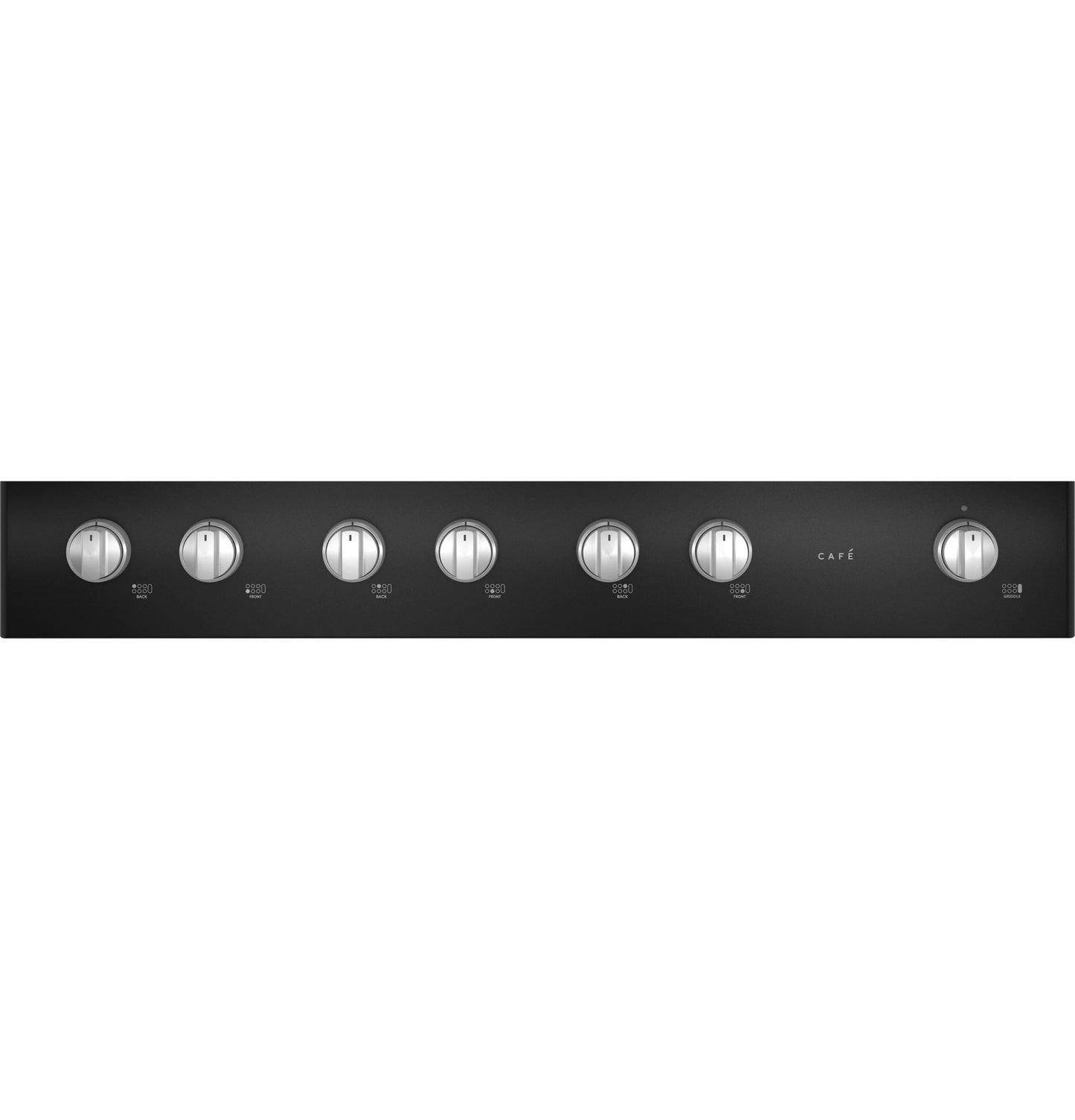 Control panel close-up of black commercial-style gas rangetop with seven silver knobs from Cooktops collection
