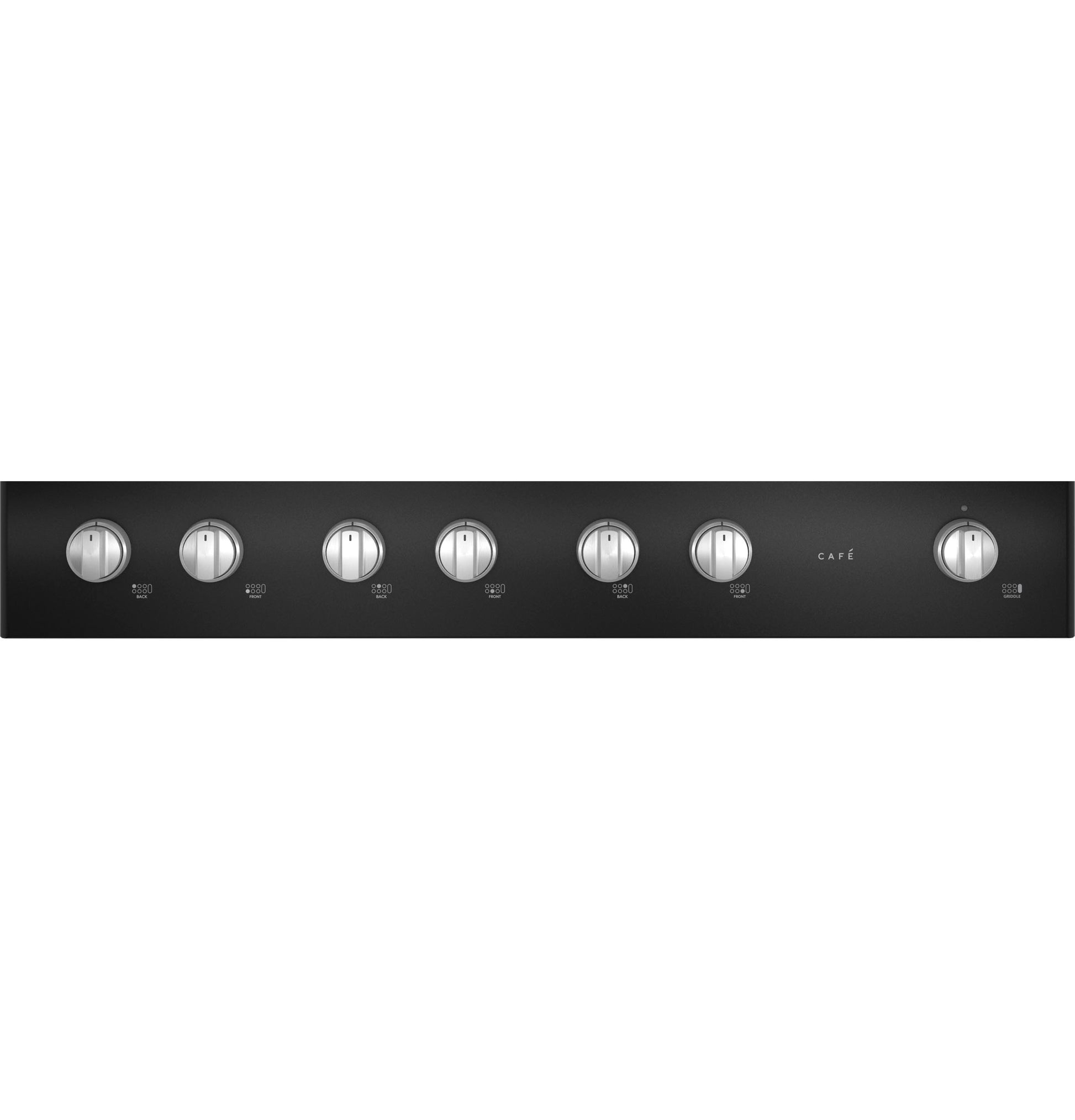 Control panel close-up of black commercial-style gas rangetop with seven silver knobs from Cooktops collection