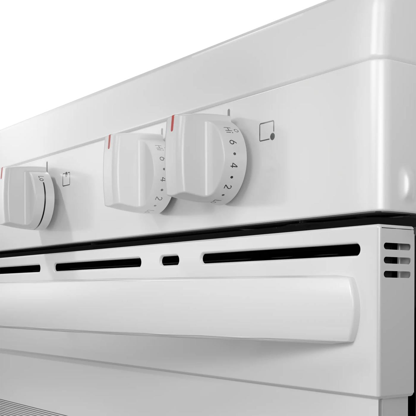 white electric range close-up of control knobs and oven vent for kitchen and home improvement appliances