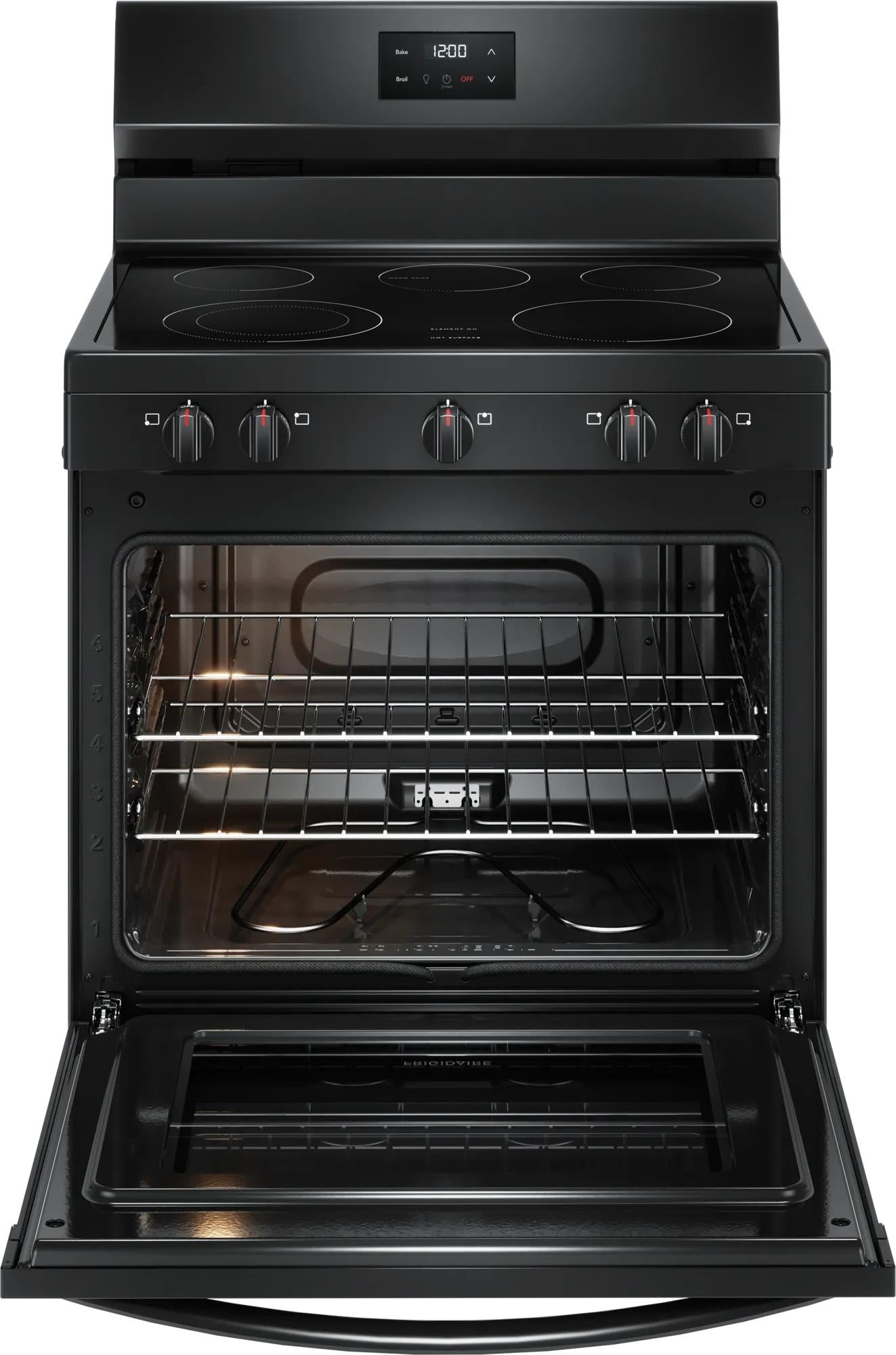 Open black electric range with smooth cooktop, five burner controls, and spacious oven interior for kitchen appliances collections