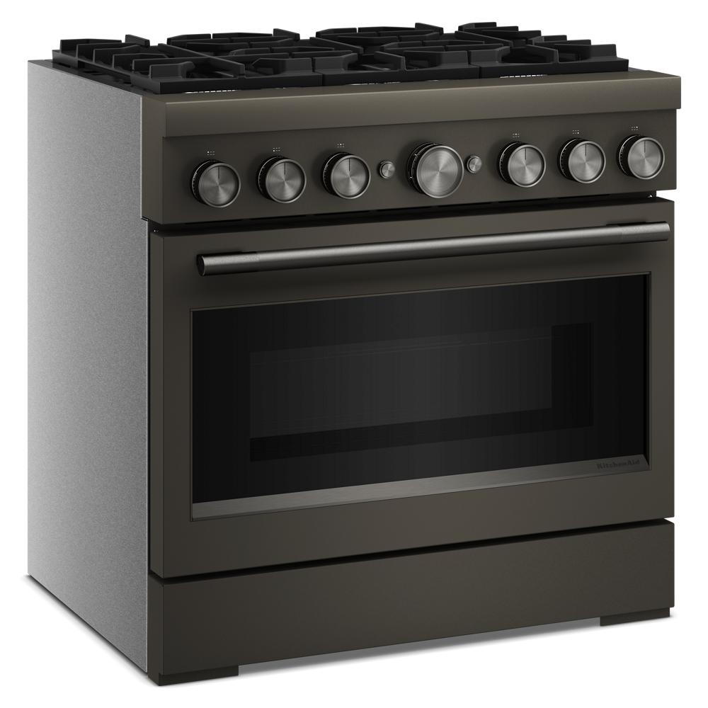 Angled view of a dark stainless steel 36-inch commercial-style dual fuel range with six burners in kitchenware collection